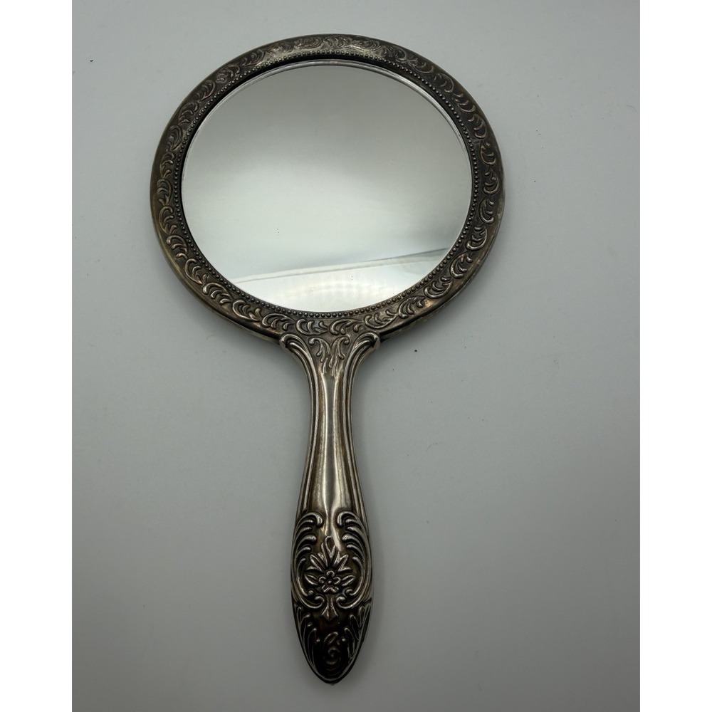 Vintage Ornate Silver Tone Hand Mirror Floral Vanity Dresser Mirror 9"